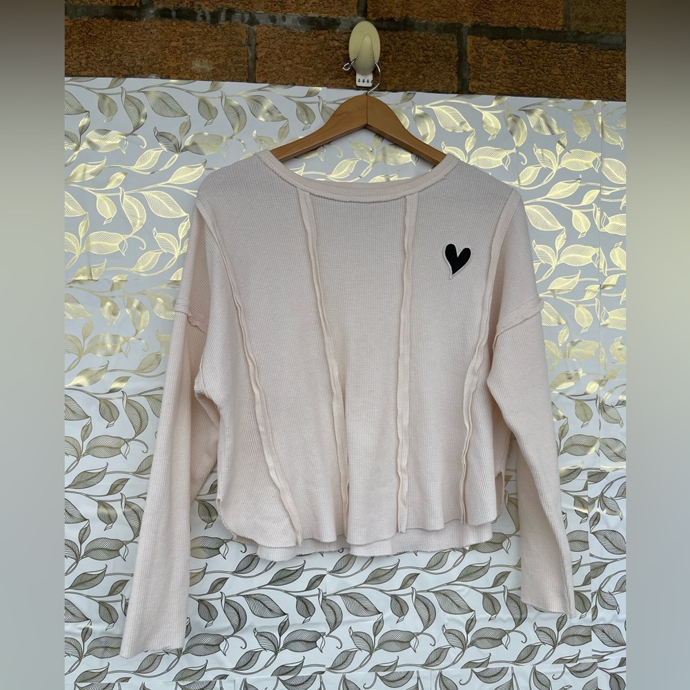 The Greii Waffle Knit Soft Girl Heart Patch Sweater - Cream Medium